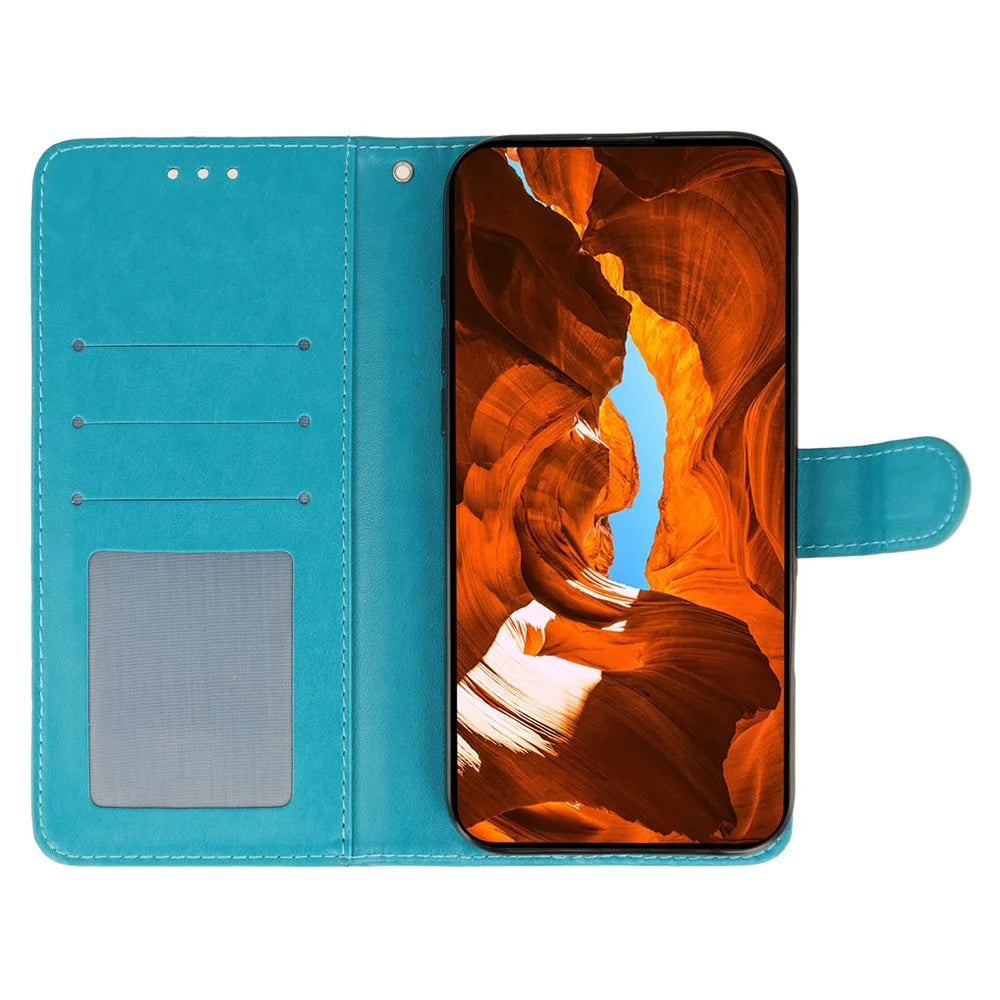 For Realme GT 7 Pro 5G Case Wallet Stand Imprinted Rose Butterfly PU Leather Phone Cover - Blue - 2