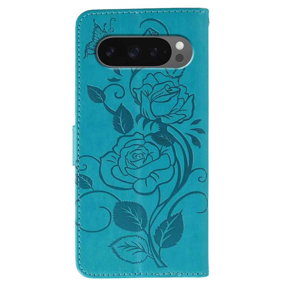 For Google Pixel 10 Pro XL / 9 Pro XL Case Wallet Stand Imprinted Rose Butterfly PU Leather Phone Cover - Blue - 5