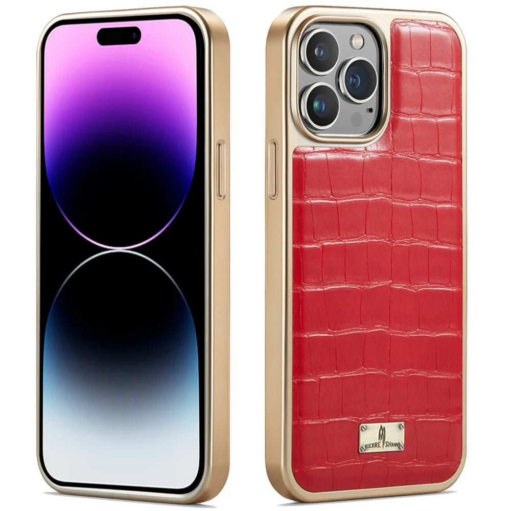 FIERRE SHANN For iPhone 14 Pro Max Electroplated Crocodile Texture PU Leather Coated TPU Case Anti-drop Anti-scratch Back Cover - Red - 1