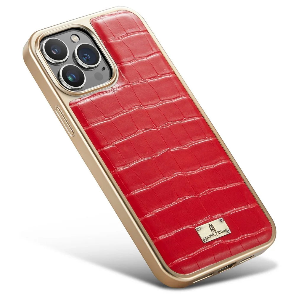 FIERRE SHANN For iPhone 14 Pro Max Electroplated Crocodile Texture PU Leather Coated TPU Case Anti-drop Anti-scratch Back Cover - Red - 4