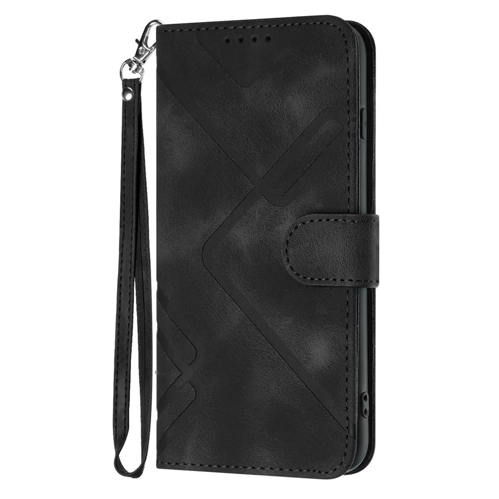 For Samsung Galaxy A55 5G Wallet Case Line Imprinted PU Leather Phone Cover with Strap - Black - 2