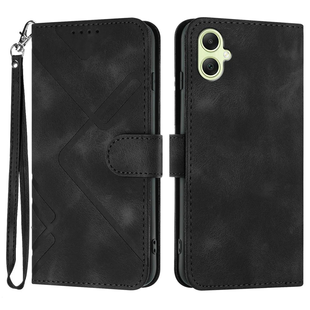 For Samsung Galaxy A06 5G Wallet Case Line Imprinted PU Leather Phone Cover with Strap - Black - 1