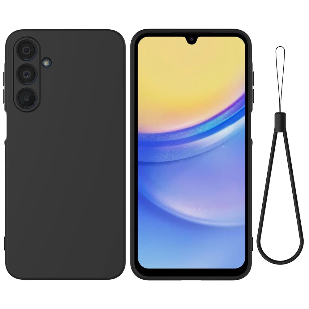 For Samsung Galaxy F16 5G / Galaxy M16 5G Liquid Silicone Case Phone Back Cover with Hand Strap - Black - 1