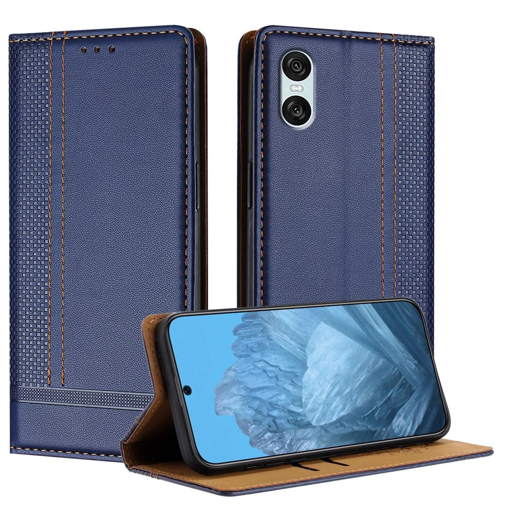 For Sony Xperia 10 VI Case L-Shaped Grid Pattern Leather Stand Phone Cover with Card Slots - Blue - 1