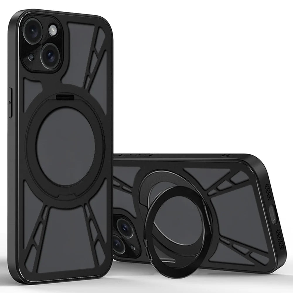 For iPhone 14 Case Magnetic Kickstand Hollow Heat Dissipation Silicone + PC + Metal Bumper Phone Cover - Black - 1