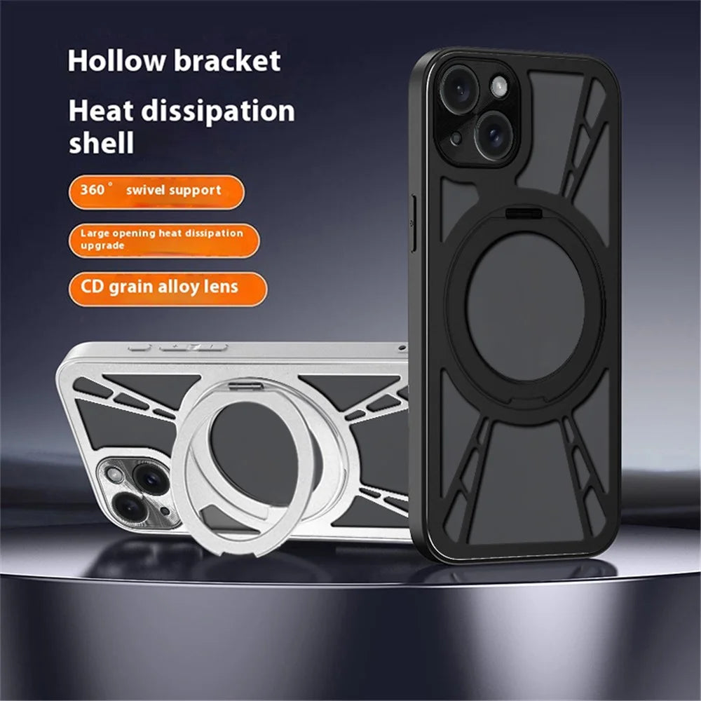 For iPhone 13 Case Magnetic Kickstand Hollow Heat Dissipation Silicone + PC + Metal Bumper Phone Cover - Black - 2