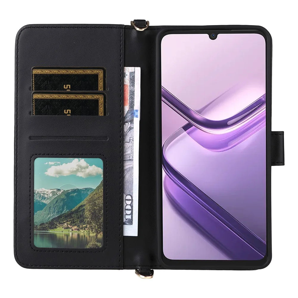 For Doogee Note 58 Pro  /  Note 58 Wallet Case with Shoulder  /  Wrist Strap Leather Phone Cover Stand - Black - 3