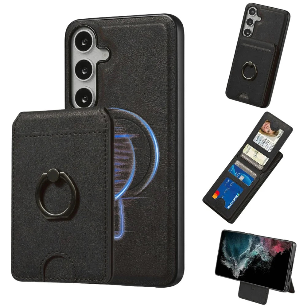 For Samsung Galaxy S24 Magnetic Case PC + PU Phone Back Cover with Detachable Card Holder - Black - 1