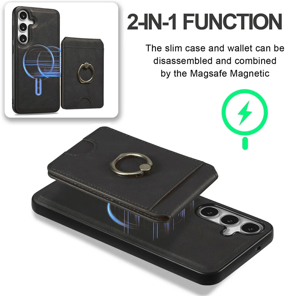 For Samsung Galaxy S25+ Magnetic Case PC + PU Phone Back Cover with Detachable Card Holder - Black - 2