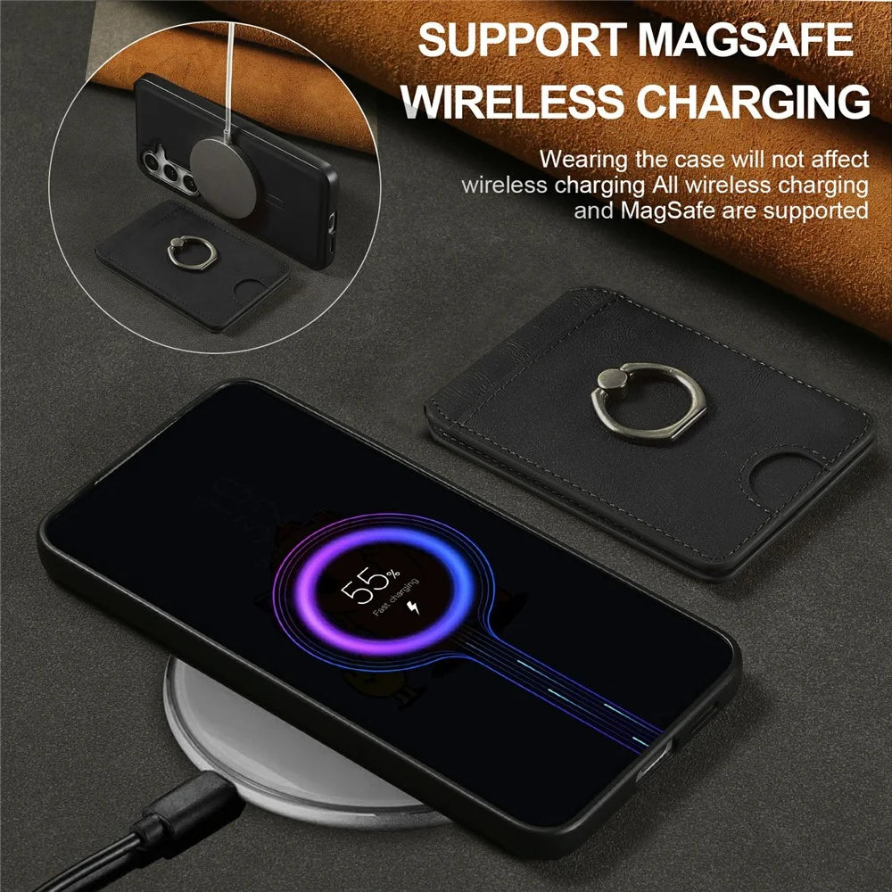 For Samsung Galaxy S25+ Magnetic Case PC + PU Phone Back Cover with Detachable Card Holder - Black - 6