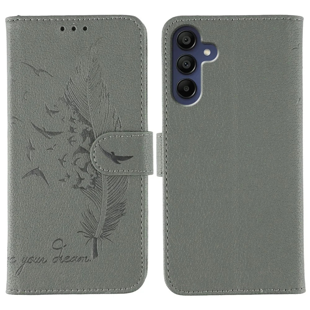 For Samsung Galaxy A06s Case Feather Imprint PU Leather Wallet Phone Cover - Grey - 1