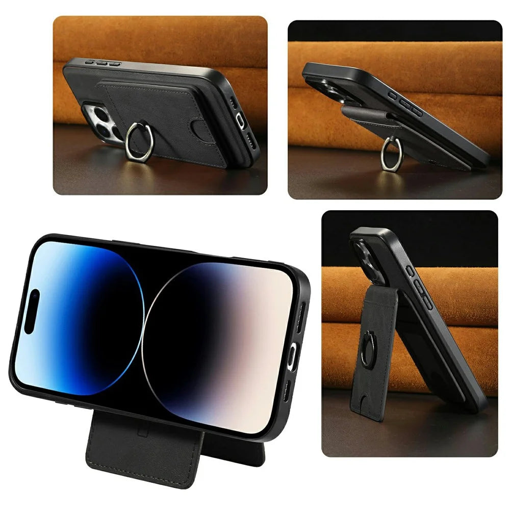 For iPhone 15 Pro Max Magnetic Case PC + PU Phone Back Cover with Detachable Card Holder - Black - 2