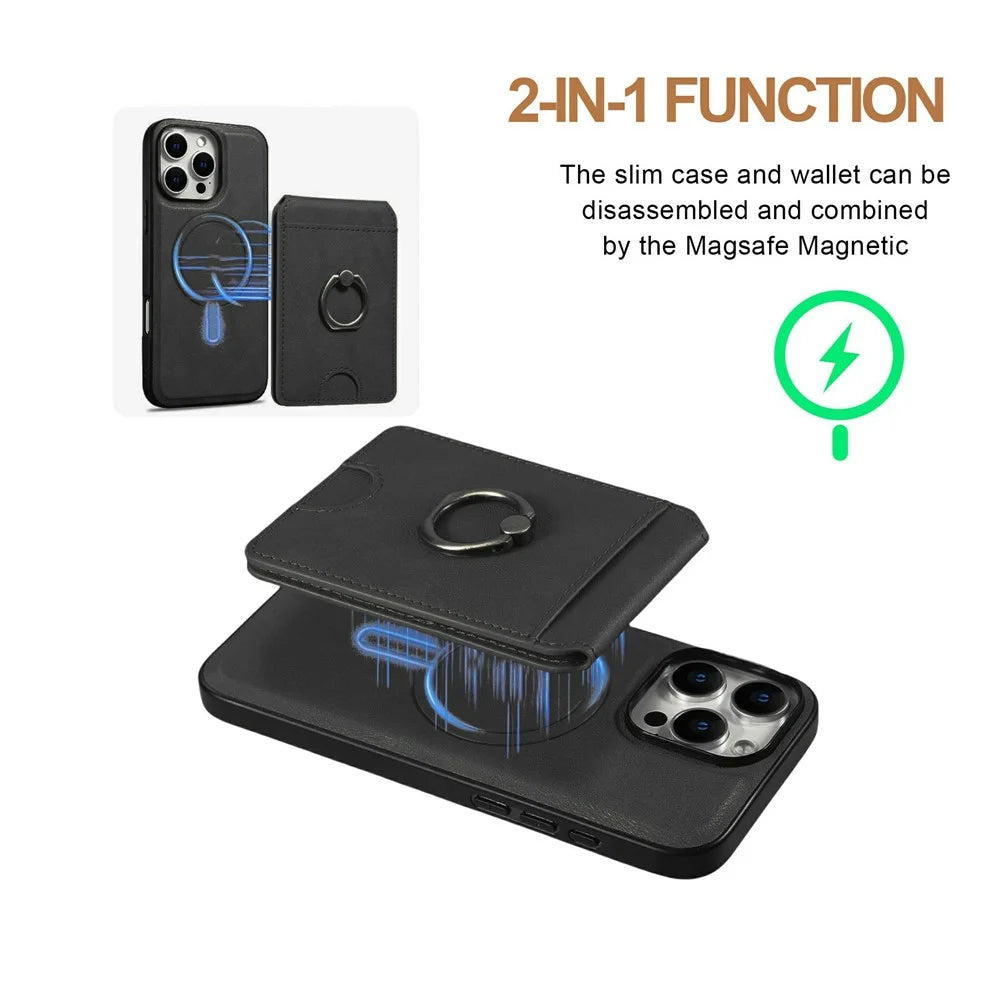 For iPhone 15 Pro Max Magnetic Case PC + PU Phone Back Cover with Detachable Card Holder - Black - 3