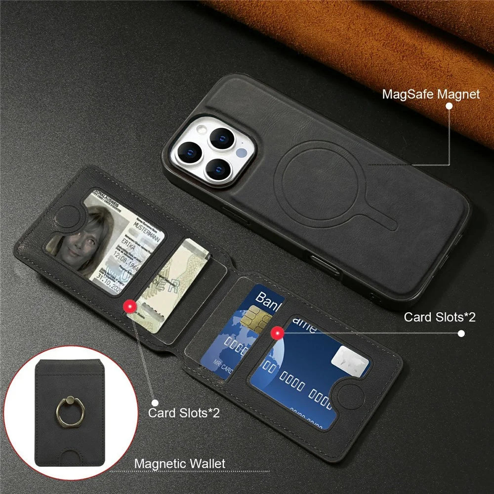 For iPhone 15 Pro Max Magnetic Case PC + PU Phone Back Cover with Detachable Card Holder - Black - 5