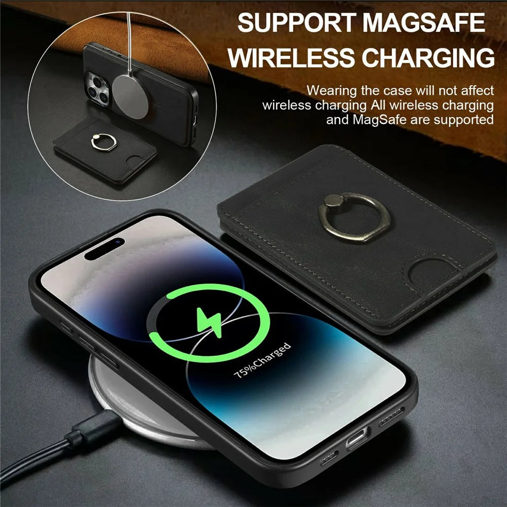 For iPhone 15 Pro Max Magnetic Case PC + PU Phone Back Cover with Detachable Card Holder - Black - 7