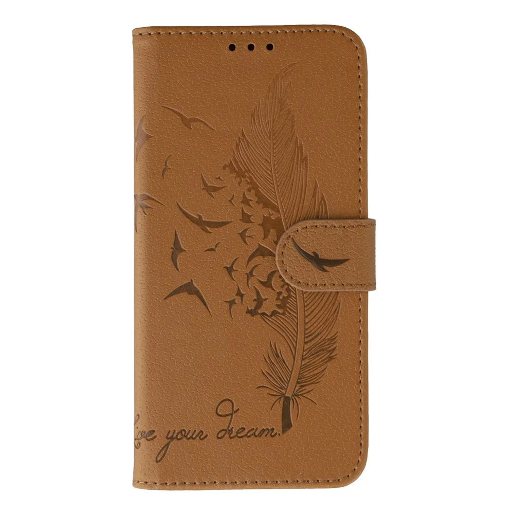 For Samsung Galaxy A55 5G Case Feather Imprint PU Leather Wallet Phone Cover - Brown - 4