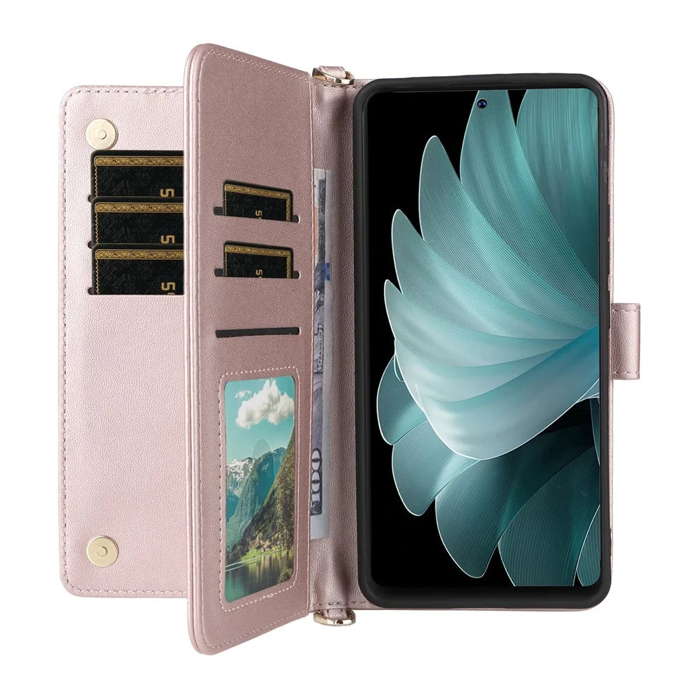 For Blackview Oscal Tiger 13 Wallet Case with Shoulder  /  Wrist Strap Leather Phone Cover Stand - Pink - 2