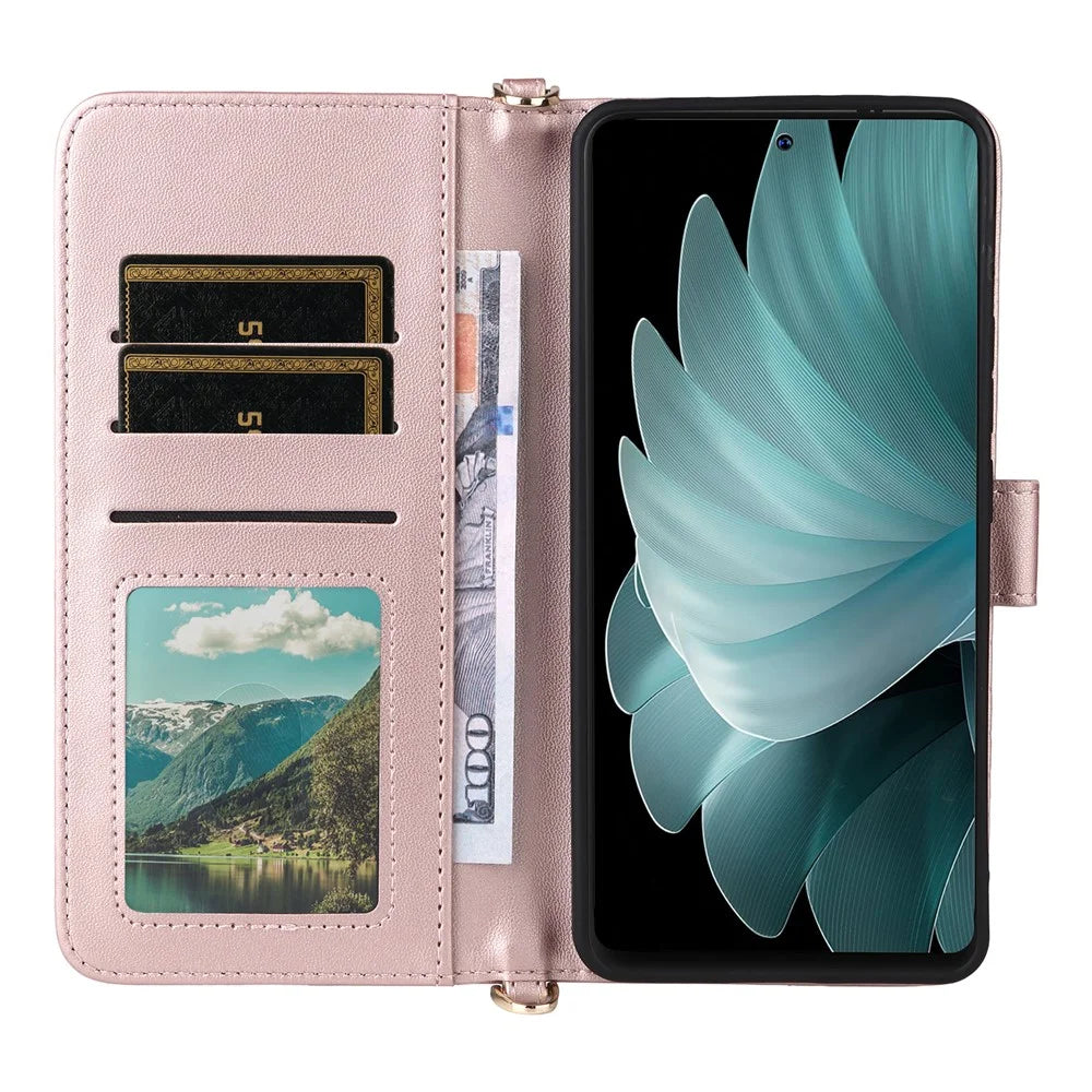 For Blackview Oscal Tiger 13 Wallet Case with Shoulder  /  Wrist Strap Leather Phone Cover Stand - Pink - 7