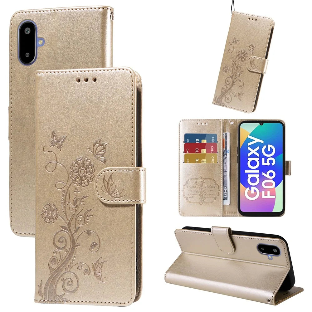 For Samsung Galaxy F06 5G Leather Case Butterfly Floral Imprint Wallet Stand Cover - Golden - 2