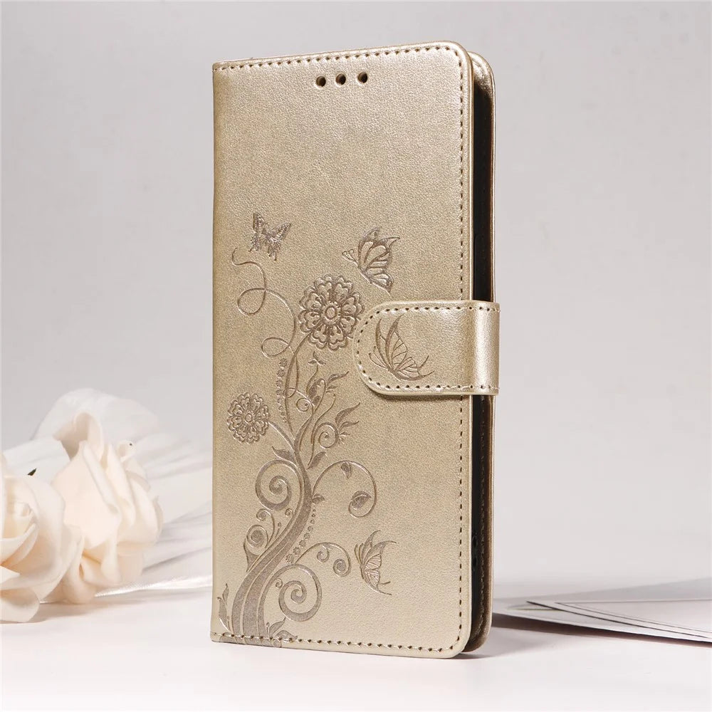For Samsung Galaxy F06 5G Leather Case Butterfly Floral Imprint Wallet Stand Cover - Golden - 5