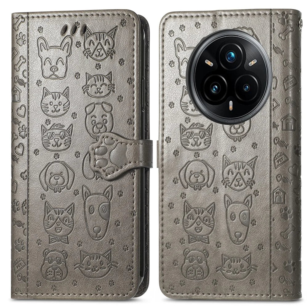 For Realme 14 Pro+ 5G Leather Wallet Case Flip Phone Cover with Cute Cat Dog Pattern - Grey - 2