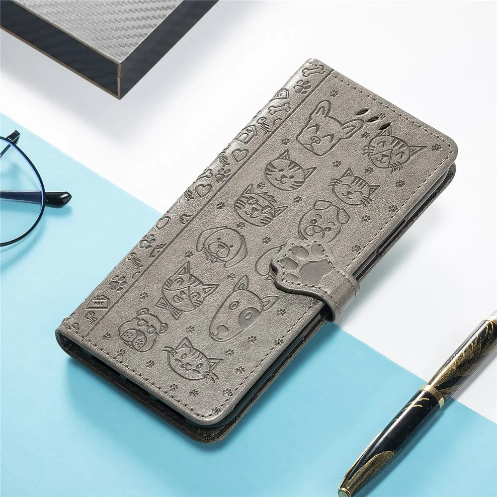 For Realme 14 Pro+ 5G Leather Wallet Case Flip Phone Cover with Cute Cat Dog Pattern - Grey - 5