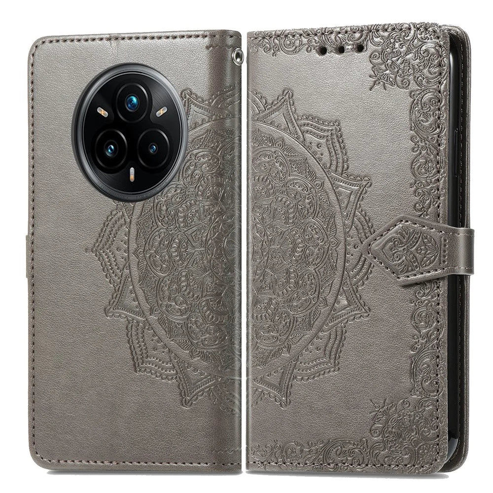 For Realme 14 Pro+ 5G Wallet Case Mandala Flower Leather Phone Cover Stand - Grey - 2