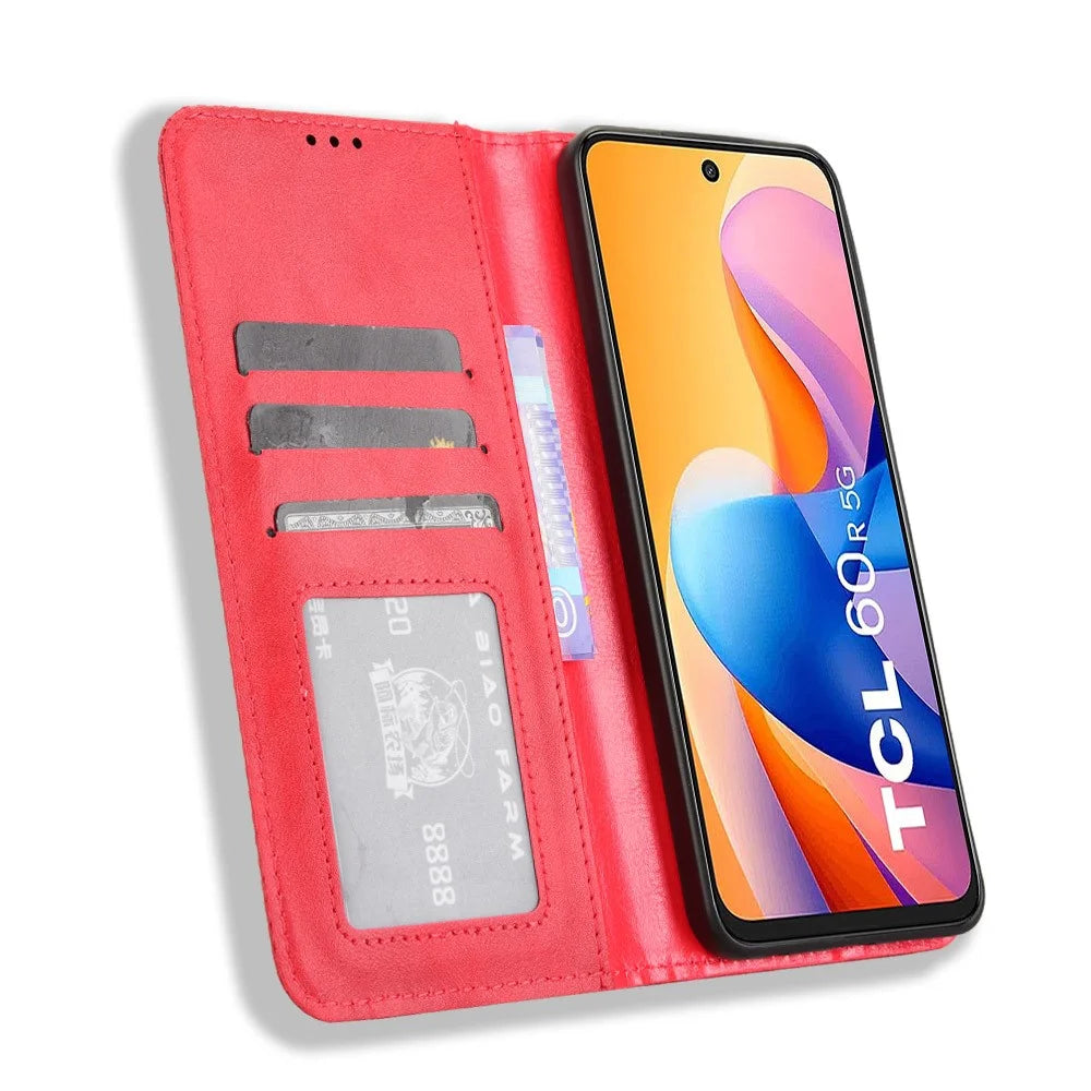 For TCL 60R 5G / TCL 60 5G Case Wallet Stand Retro Texture Leather Phone Cover - Red - 2