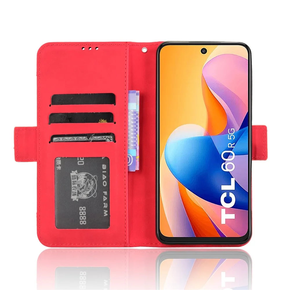 For TCL 60R 5G / TCL 60 5G Leather Case Phone Wallet Cover with Multiple Card Slots - Red - 2