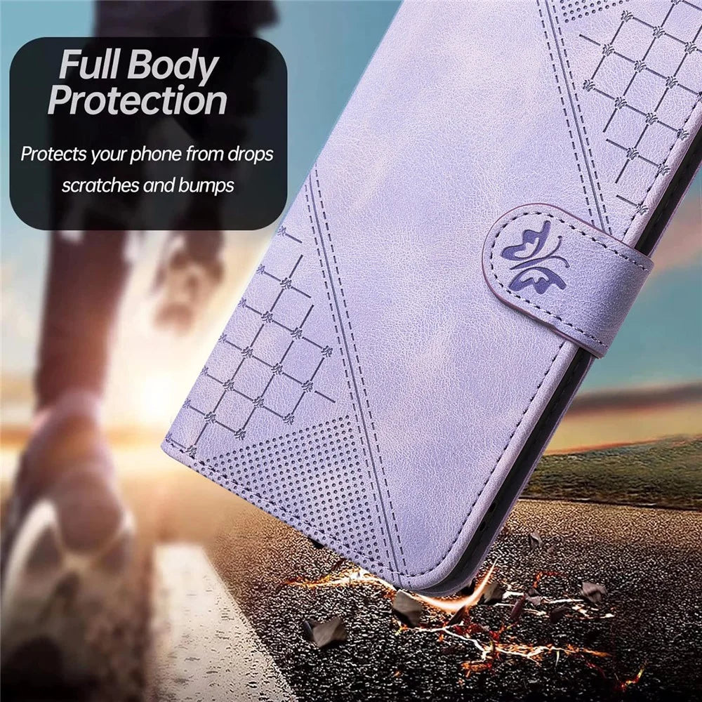 For Samsung Galaxy A15 5G / Galaxy A15 4G Leather Wallet Case Butterfly Flower Imprinted Phone Cover with Strap - Purple - 5