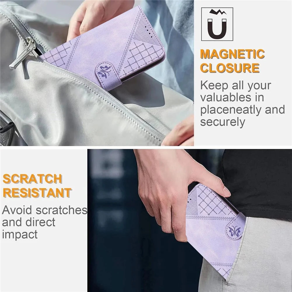 For Samsung Galaxy A34 5G Leather Wallet Case Butterfly Flower Imprinted Phone Cover with Strap - Purple - 4