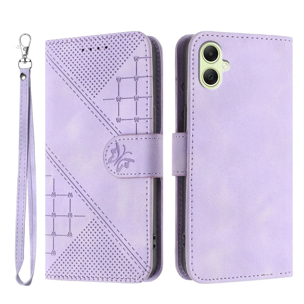 For Samsung Galaxy A06 5G / Galaxy A06 4G Leather Wallet Case Butterfly Flower Imprinted Phone Cover with Strap - Purple - 1