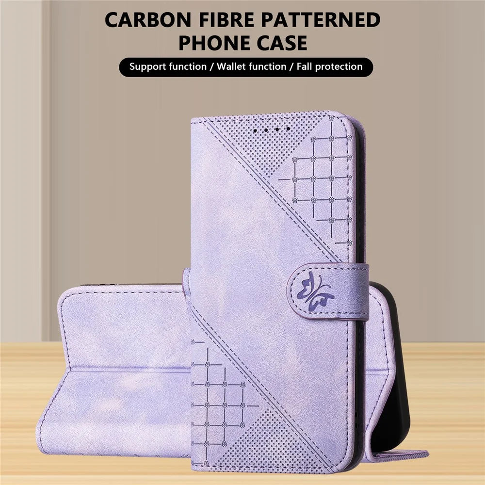 For Samsung Galaxy A06 5G / Galaxy A06 4G Leather Wallet Case Butterfly Flower Imprinted Phone Cover with Strap - Purple - 6