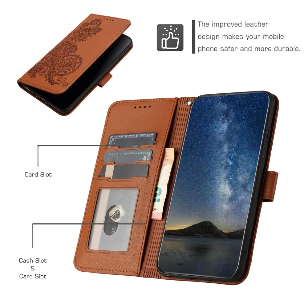 For Samsung Galaxy S25 Edge Phone Cases Mandala Flower Leather Wallet Mobile Cover with Strap - Coffee - 4
