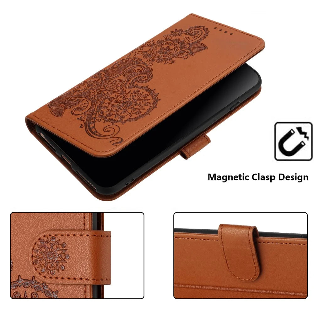 For Samsung Galaxy S25 Edge Phone Cases Mandala Flower Leather Wallet Mobile Cover with Strap - Coffee - 5