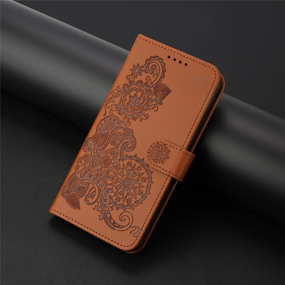 For Samsung Galaxy S25 Edge Phone Cases Mandala Flower Leather Wallet Mobile Cover with Strap - Coffee - 6
