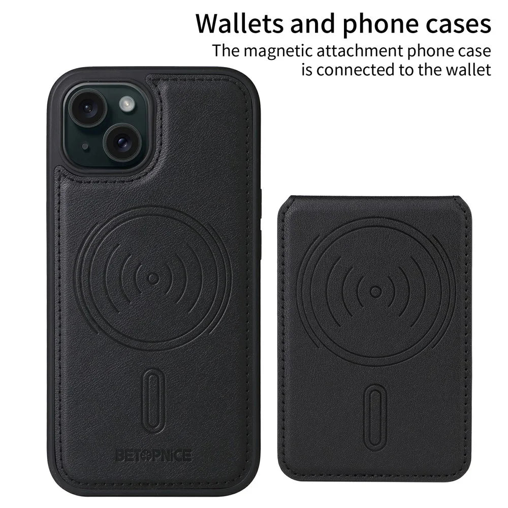 For iPhone 15 Magnetic Case BETOPNICE RFID Blocking Leather Phone Back Cover with Detachable Card Bag - Black - 4