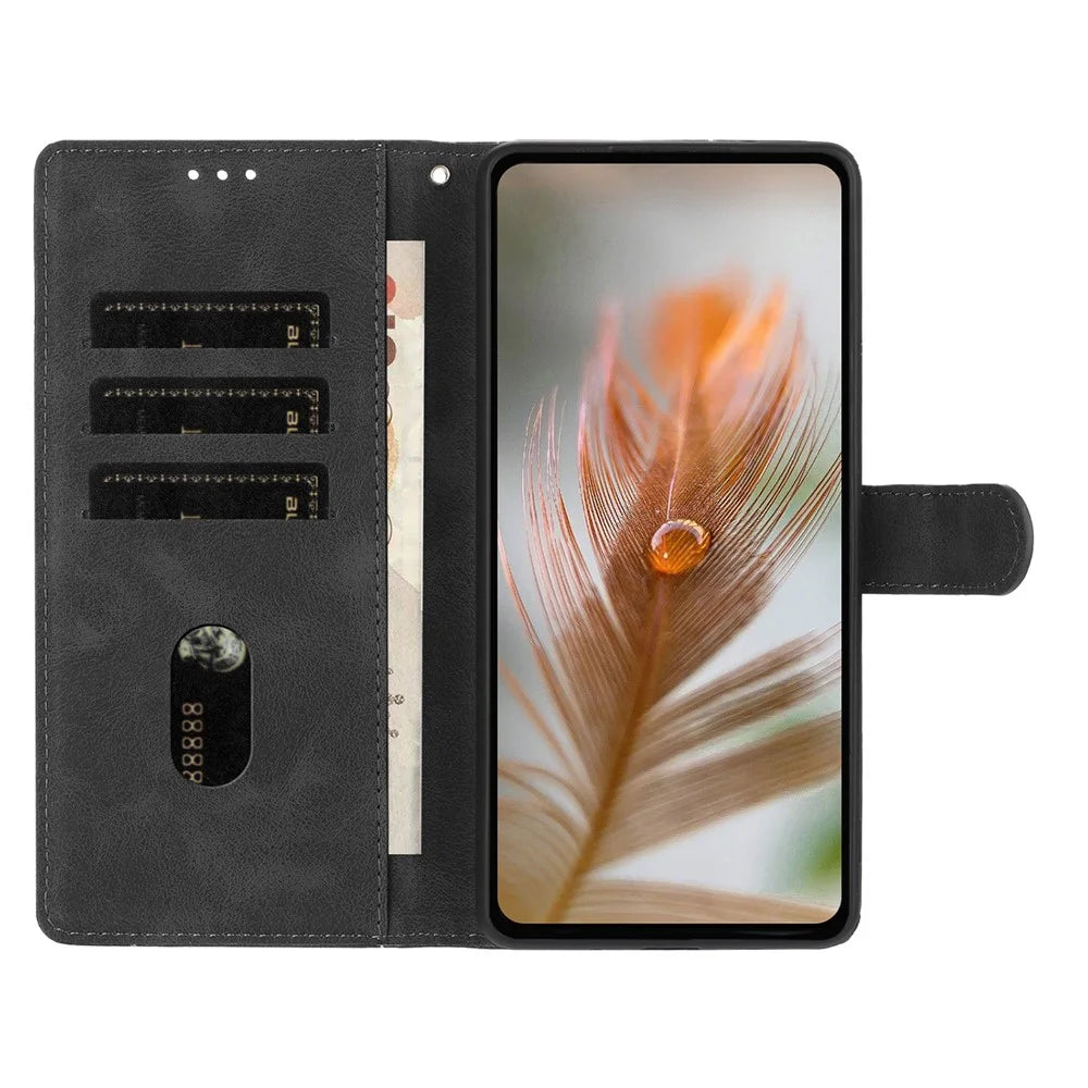 For iPhone 17e / 16e Case Imprinted Feather PU Leather Wallet Phone Cover with Wrist Strap - Black - 3