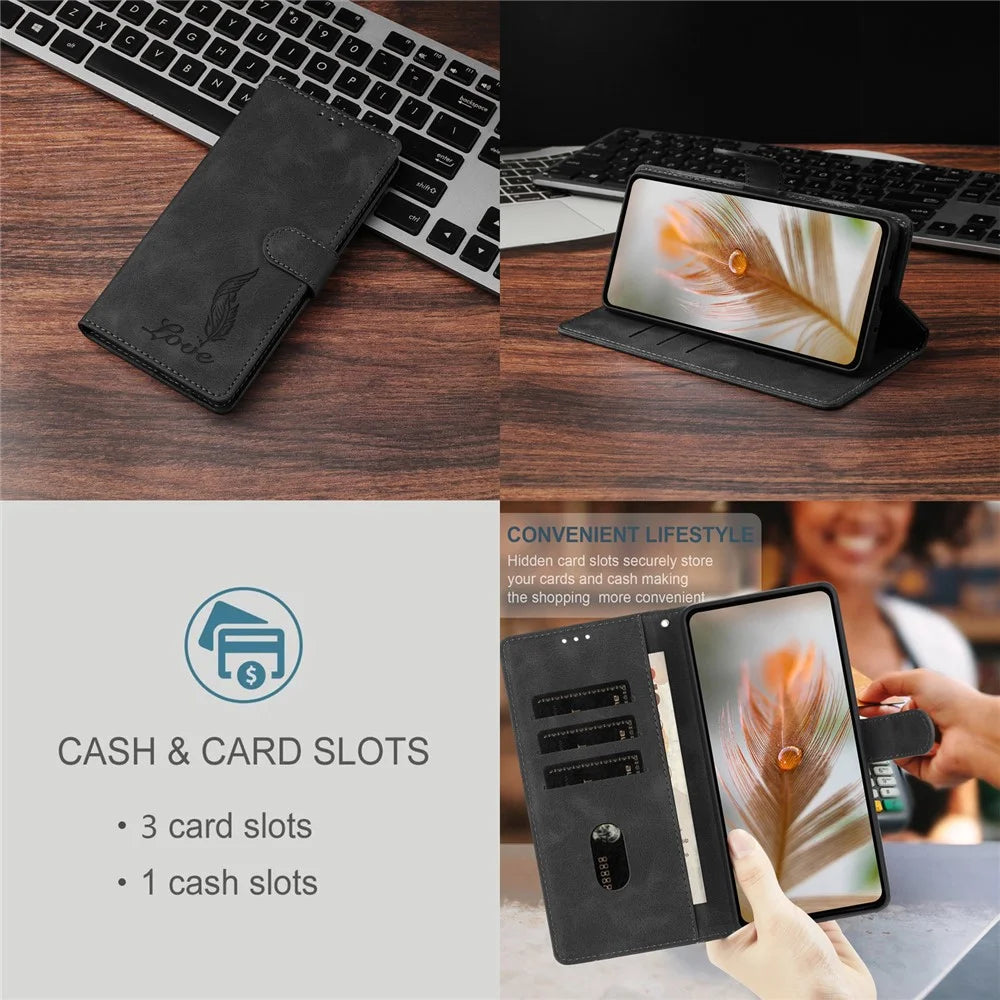 For iPhone 17e / 16e Case Imprinted Feather PU Leather Wallet Phone Cover with Wrist Strap - Black - 4