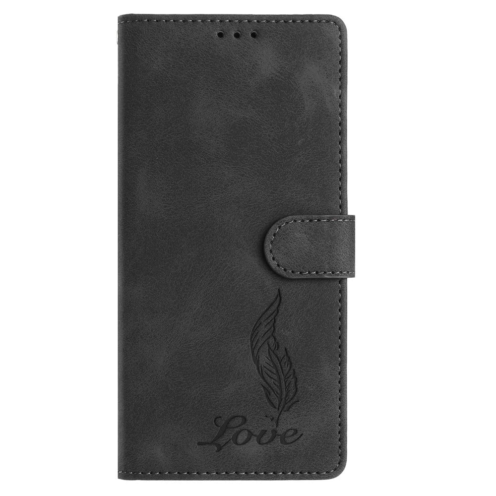 For iPhone 17e / 16e Case Imprinted Feather PU Leather Wallet Phone Cover with Wrist Strap - Black - 5