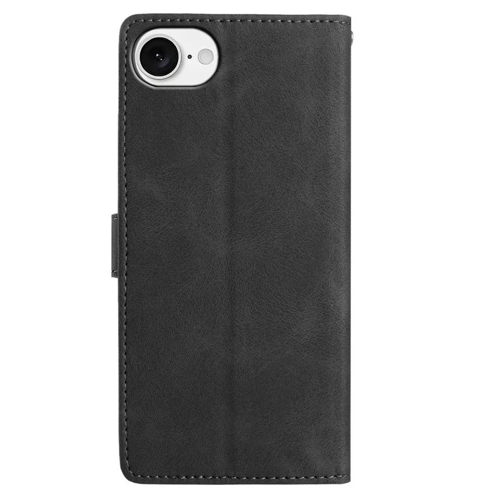 For iPhone 17e / 16e Case Imprinted Feather PU Leather Wallet Phone Cover with Wrist Strap - Black - 6