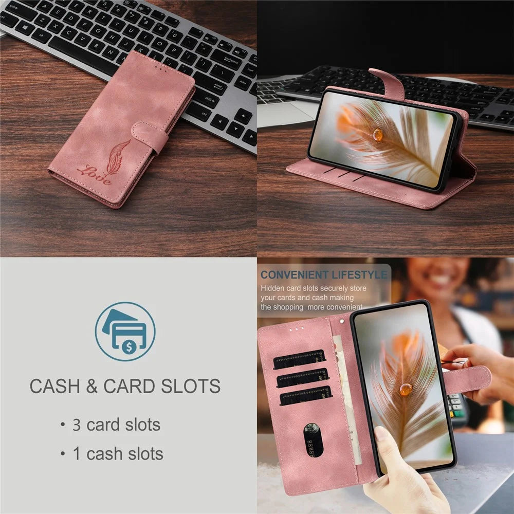 For Samsung Galaxy A18 5G / A18 4G / A17 5G / A17 4G / A26 5G Case Imprinted Feather PU Leather Wallet Phone Cover with Wrist Strap - Pink - 4