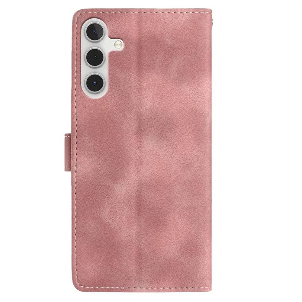 For Samsung Galaxy A18 5G / A18 4G / A17 5G / A17 4G / A26 5G Case Imprinted Feather PU Leather Wallet Phone Cover with Wrist Strap - Pink - 6