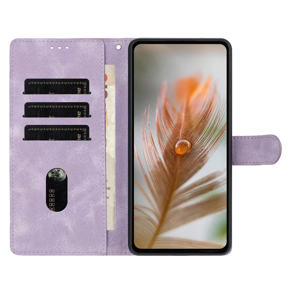 For Samsung Galaxy S25+ / S24+ Case Imprinted Feather PU Leather Wallet Phone Cover with Wrist Strap - Purple - 3