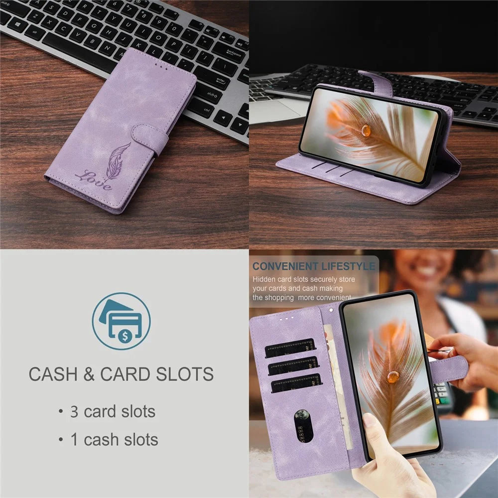 For Samsung Galaxy S25+ / S24+ Case Imprinted Feather PU Leather Wallet Phone Cover with Wrist Strap - Purple - 4