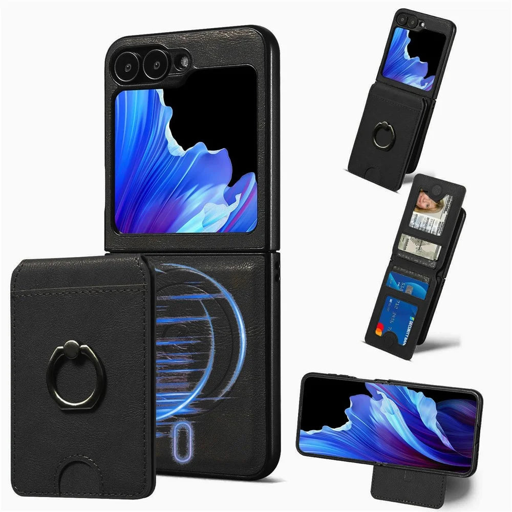 For Samsung Galaxy Z Flip5 5G Magnetic Case PC + PU Phone Back Cover with Detachable Card Holder - Black - 1