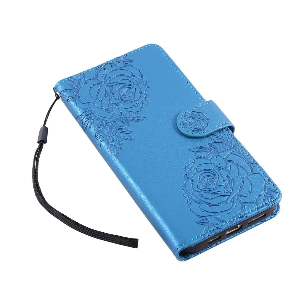 For iPhone 14 / 13 Case Rose Flower PU Leather Wallet Phone Cover with 3 Card Slots - Blue - 5
