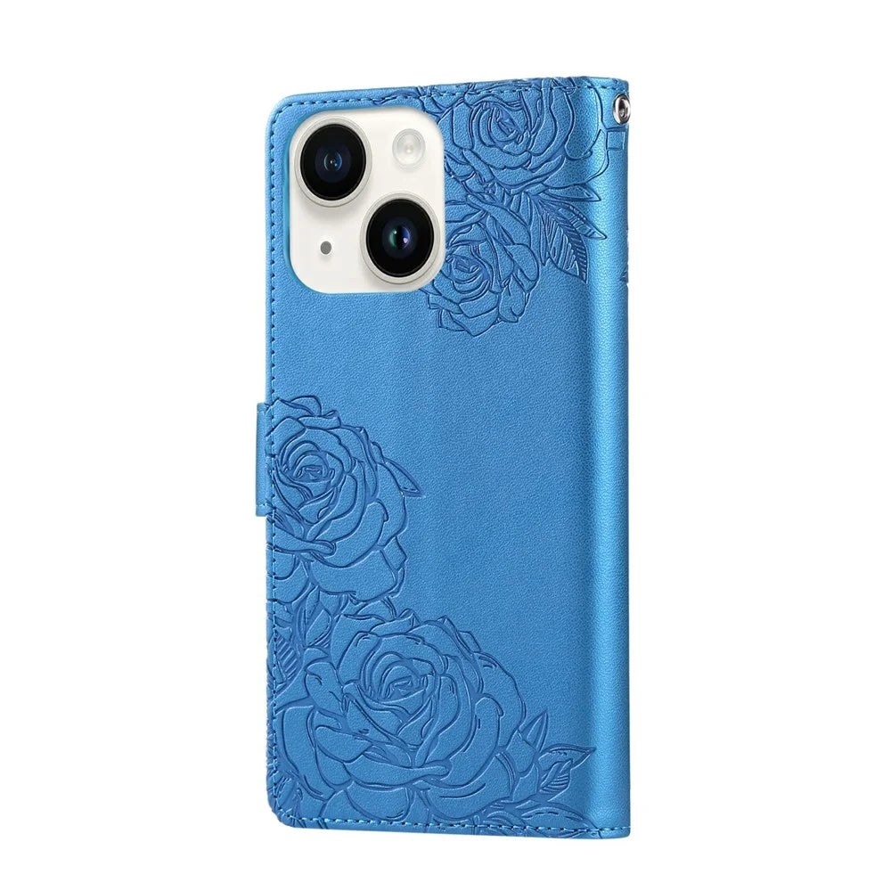 For iPhone 14 / 13 Case Rose Flower PU Leather Wallet Phone Cover with 3 Card Slots - Blue - 7