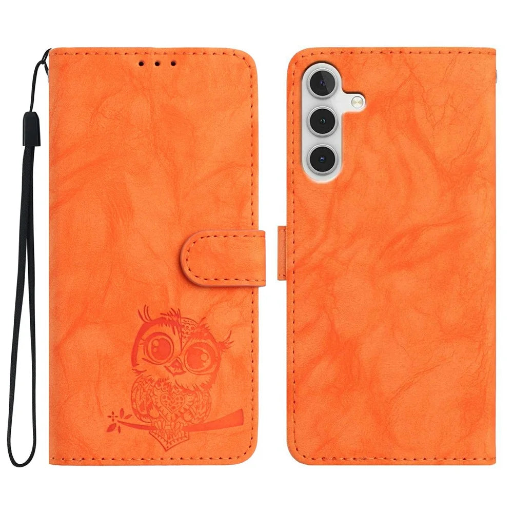 For Samsung Galaxy A56 5G Case Owl Imprinted PU Leather Wallet Phone Cover with Wrist Strap - Orange - 1