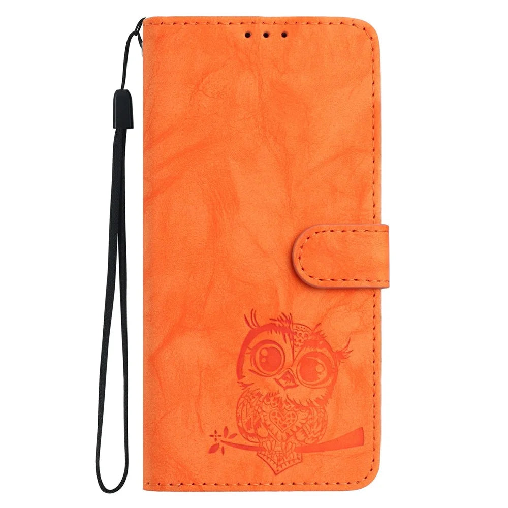 For Samsung Galaxy A36 5G Case Owl Imprinted PU Leather Wallet Phone Cover with Wrist Strap - Orange - 5